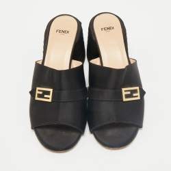 Fendi Black Satin FF Buckle Block Heel Slide Sandals Size 37.5