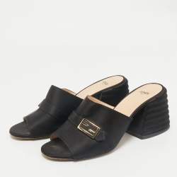 Fendi Black Satin FF Buckle Block Heel Slide Sandals Size 37.5