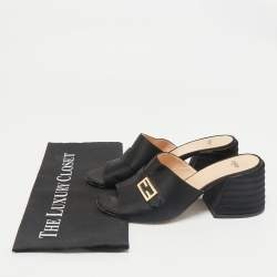 Fendi Black Satin FF Buckle Block Heel Slide Sandals Size 37.5