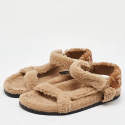 Fendi Brown Shearling Fur Ankle Strap Flat Sandals Size 40