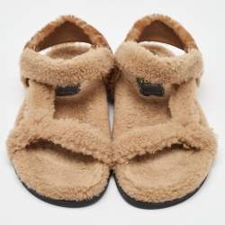 Fendi Brown Shearling Fur Ankle Strap Flat Sandals Size 40