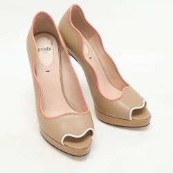 Fendi Beige Lizard Embossed and Leather Scalloped Peep Toe Platform Pumps Size 36