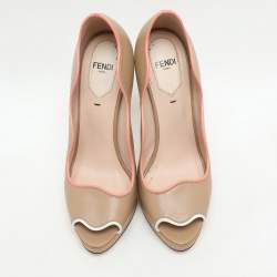 Fendi Beige Lizard Embossed and Leather Scalloped Peep Toe Platform Pumps Size 36