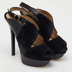 Fendi Black Suede and Leather Peep Toe Platform Slingback Pumps Size 39.5