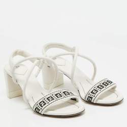 Fendi White/Black Leather Block Heel Ankle Strap Sandals Size 41