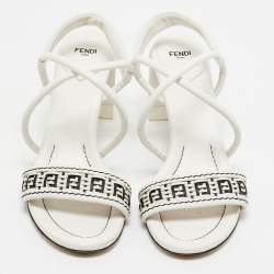 Fendi White/Black Leather Block Heel Ankle Strap Sandals Size 41
