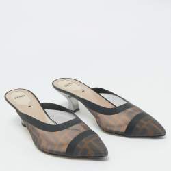 Fendi Black/Brown Zucca Mesh Colibri Heel Mules Size 40