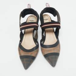 Fendi Brown/Black Zucca Mesh and Canvas Colibri Slingback Pumps Size 38