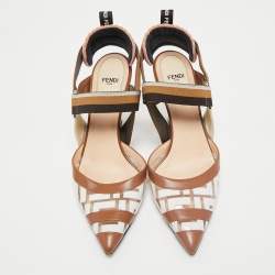 Fendi Brown/White Zucca PVC and Fabric Colibri Slingback Pumps Size 38