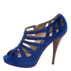 Pre Owned Fendi Cobalt Blue Suede Cut Out Booties Size 37