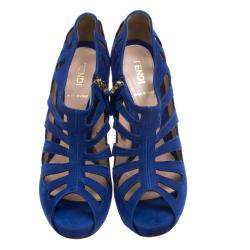 Pre Owned Fendi Cobalt Blue Suede Cut Out Booties Size 37