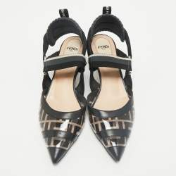 Pre Owned Fendi Black Leather and Zucca PVC Colibri Slingback Pumps Size 37
