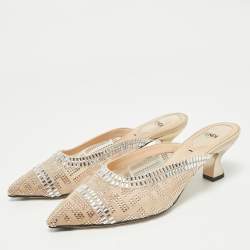 Fendi Beige Mesh Crystal Embellished Colibri Heel Mules Size 35