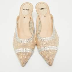 Fendi Beige Mesh Crystal Embellished Colibri Heel Mules Size 35