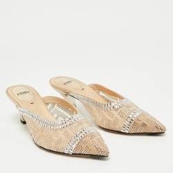 Fendi Beige Mesh Crystal Embellished Colibri Heel Mules Size 35