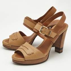 Fendi Brown Lizard Embossed Leather Platform Ankle Strap Sandals Size 40