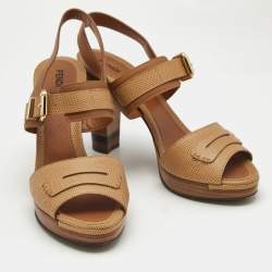 Fendi Brown Lizard Embossed Leather Platform Ankle Strap Sandals Size 40