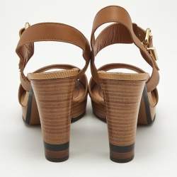 Fendi Brown Lizard Embossed Leather Platform Ankle Strap Sandals Size 40