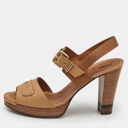 Fendi Brown Lizard Embossed Leather Platform Ankle Strap Sandals Size 40