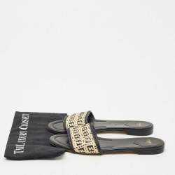 Fendi Black/Cream Woven Raffia and Leather FF Flat Slides Size 41