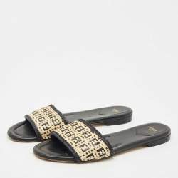 Fendi Black/Cream Woven Raffia and Leather FF Flat Slides Size 41
