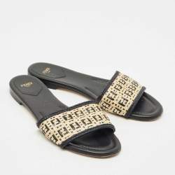 Fendi Black/Cream Woven Raffia and Leather FF Flat Slides Size 41