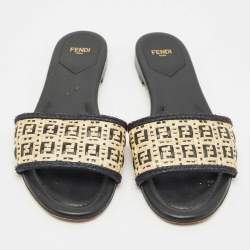 Fendi Black/Cream Woven Raffia and Leather FF Flat Slides Size 41