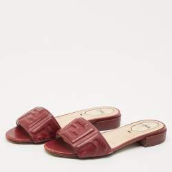 Fendi Burgundy FF Embossed Leather Slide Sandals Size 36