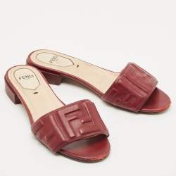 Fendi Burgundy FF Embossed Leather Slide Sandals Size 36