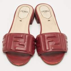 Fendi Burgundy FF Embossed Leather Slide Sandals Size 36