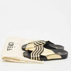 Fendi Black/Gold Leather Slide Flat Sandals Size 37.5