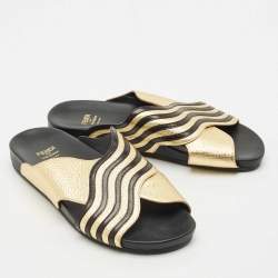 Fendi Black/Gold Leather Slide Flat Sandals Size 37.5