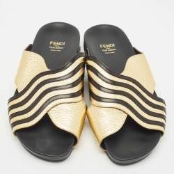 Fendi Black/Gold Leather Slide Flat Sandals Size 37.5