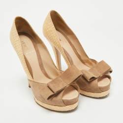 Fendi Beige/Brown Suede And Jute Bow Detail Peep Toe Platform Pumps Size 39