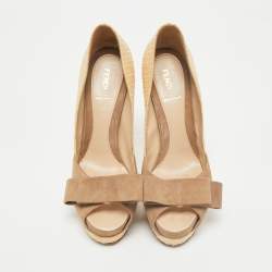 Fendi Beige/Brown Suede And Jute Bow Detail Peep Toe Platform Pumps Size 39