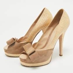 Fendi Beige/Brown Suede And Jute Bow Detail Peep Toe Platform Pumps Size 39