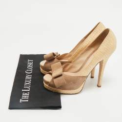 Fendi Beige/Brown Suede And Jute Bow Detail Peep Toe Platform Pumps Size 39