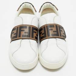 Fendi White/Brown Leather FF Buckle Low Top Sneakers Size 37