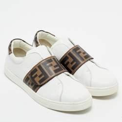 Fendi White/Brown Leather FF Buckle Low Top Sneakers Size 37