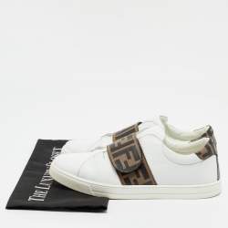 Fendi White/Brown Leather FF Buckle Low Top Sneakers Size 37