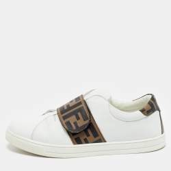 Fendi White/Brown Leather FF Buckle Low Top Sneakers Size 37