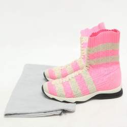 Pre Owned Fendi Pink and Beige Stripes Knit Fabric Sneaker Boots Size 38