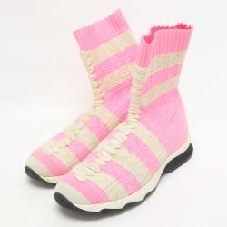 Pre Owned Fendi Pink and Beige Stripes Knit Fabric Sneaker Boots Size 38