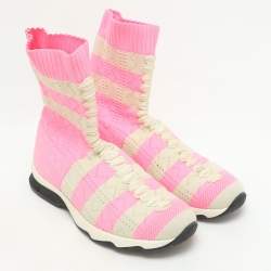 Pre Owned Fendi Pink and Beige Stripes Knit Fabric Sneaker Boots Size 38