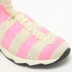 Pre Owned Fendi Pink and Beige Stripes Knit Fabric Sneaker Boots Size 38