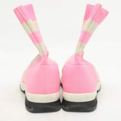 Pre Owned Fendi Pink and Beige Stripes Knit Fabric Sneaker Boots Size 38