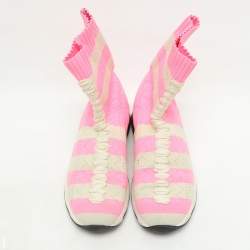 Pre Owned Fendi Pink and Beige Stripes Knit Fabric Sneaker Boots Size 38
