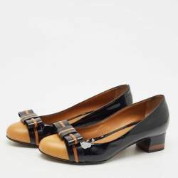Fendi Black/Beige Leather Cap Toe Bow Detail Pumps Size 38
