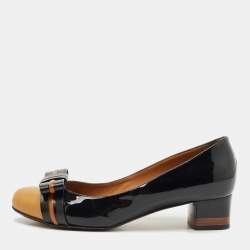 Fendi Black/Beige Leather Cap Toe Bow Detail Pumps Size 38