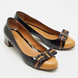 Fendi Black/Beige Leather Cap Toe Bow Detail Pumps Size 38